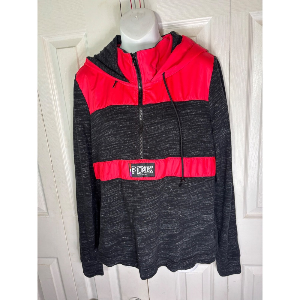 PINK Victoria's Secret‎ Hoodie Pullover Bright Red Gray Color Block Top size L